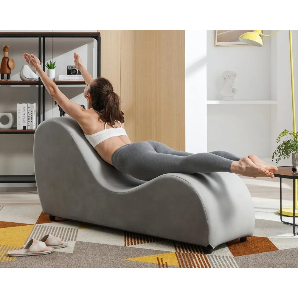 

BALUS 60 Width Yoga Sofa Chaise Lounge Chair for Adults Stretching Exercising Relaxing, Wooden Ergonomic Curved S-Shape Velvet L
