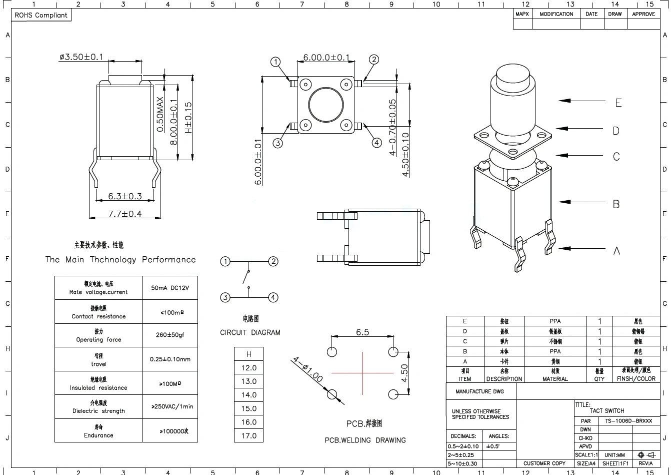 10 PZ/TS-1006D-BR15026(6X6X15) TS-1006D-BR16026(6X6X16) TS-1006D-BR17026(6X6X17) Interruttore di tatto