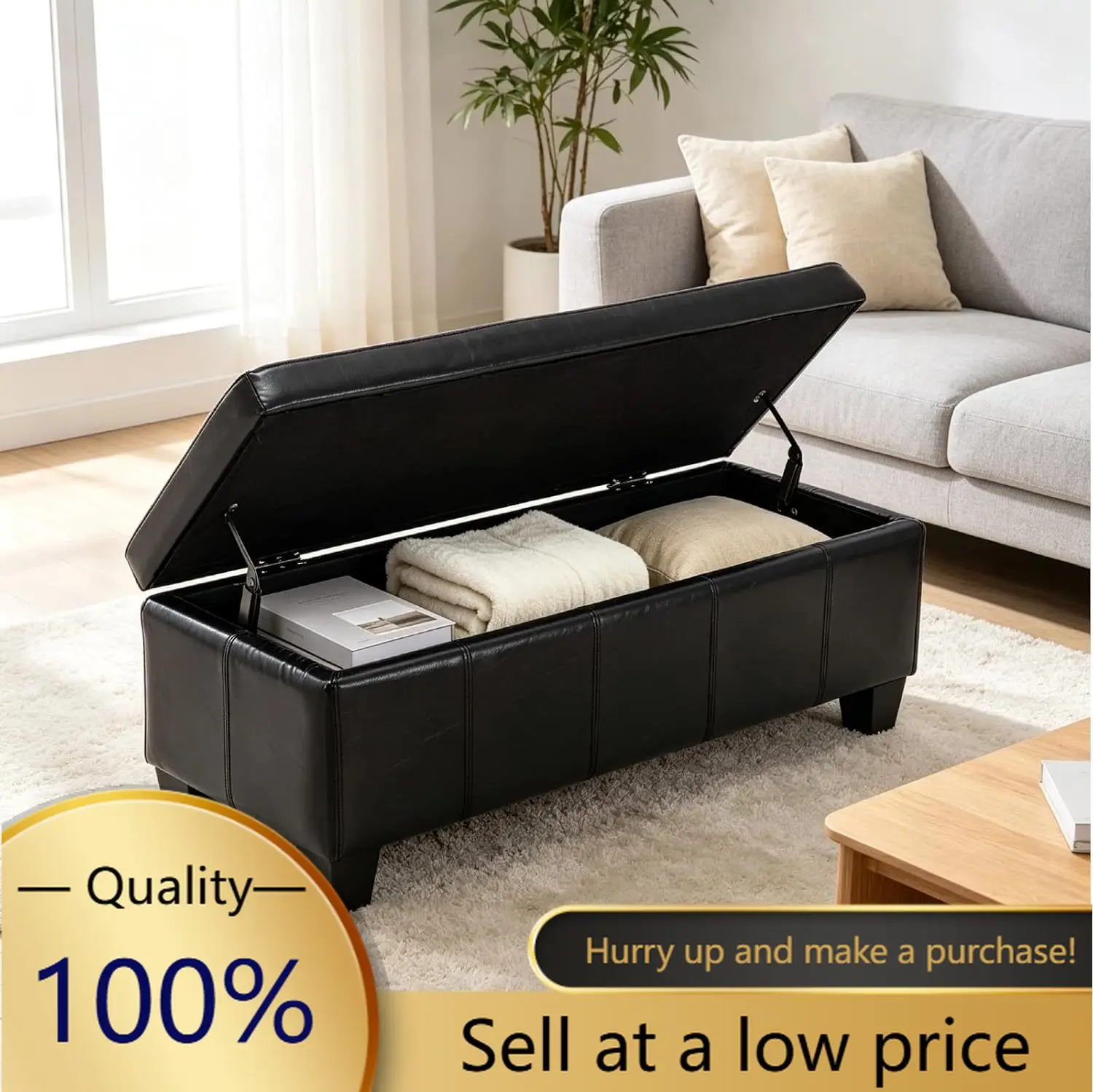 Storage Ottoman Bench Faux Leather Black Slow Close Hinge
