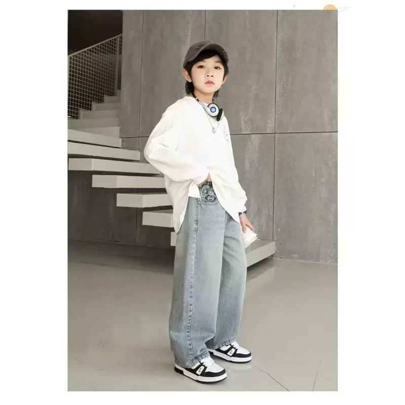 Herbst Kinder Jeans UNITIM 4-14 Jahre Jungen Denim-Hosen mit Schriftzetteltasche Lose Elastische Taille Junior Jungen Gerade Hosen Teenager Jungen Hose – Detail 15