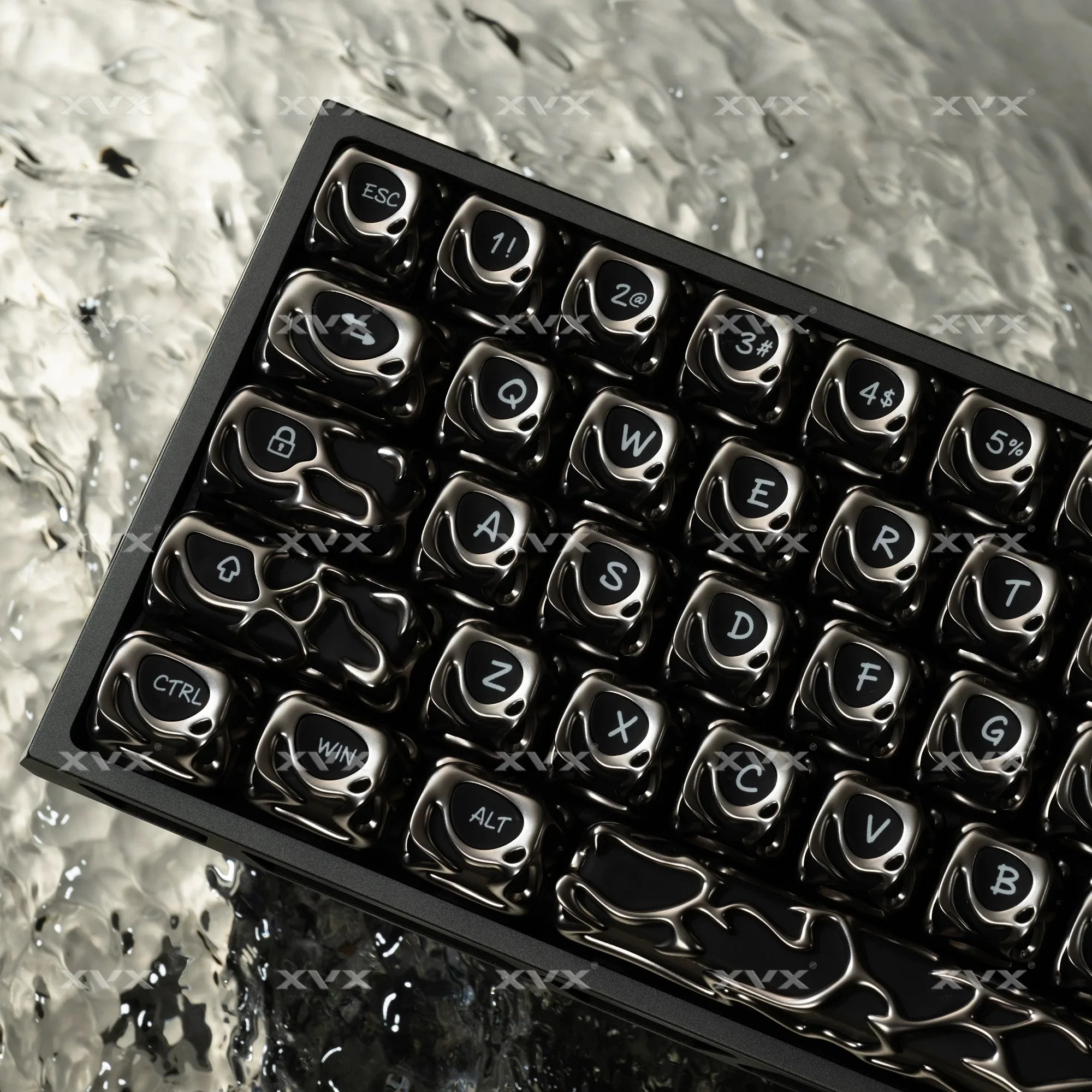 XVX keycap with metallic texture, hollowed-out design, fog-transparent mechanism, mechanical keyboard cap, silver color