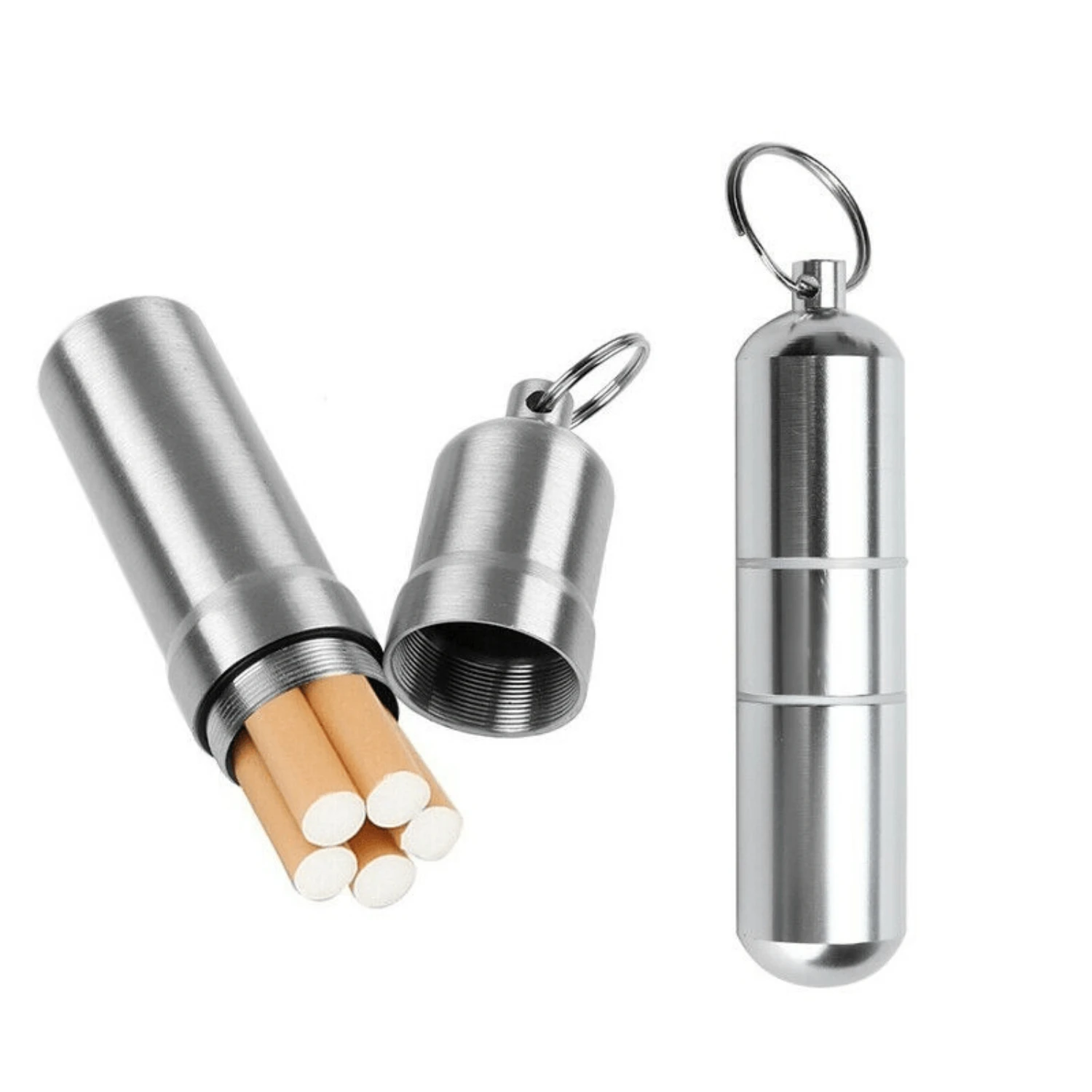 

High-Quality Waterproof Aluminum Cigarette Case with Keychain - Sleek Silver Design - Pill & Toothpick Holder - Ideal Gift for M