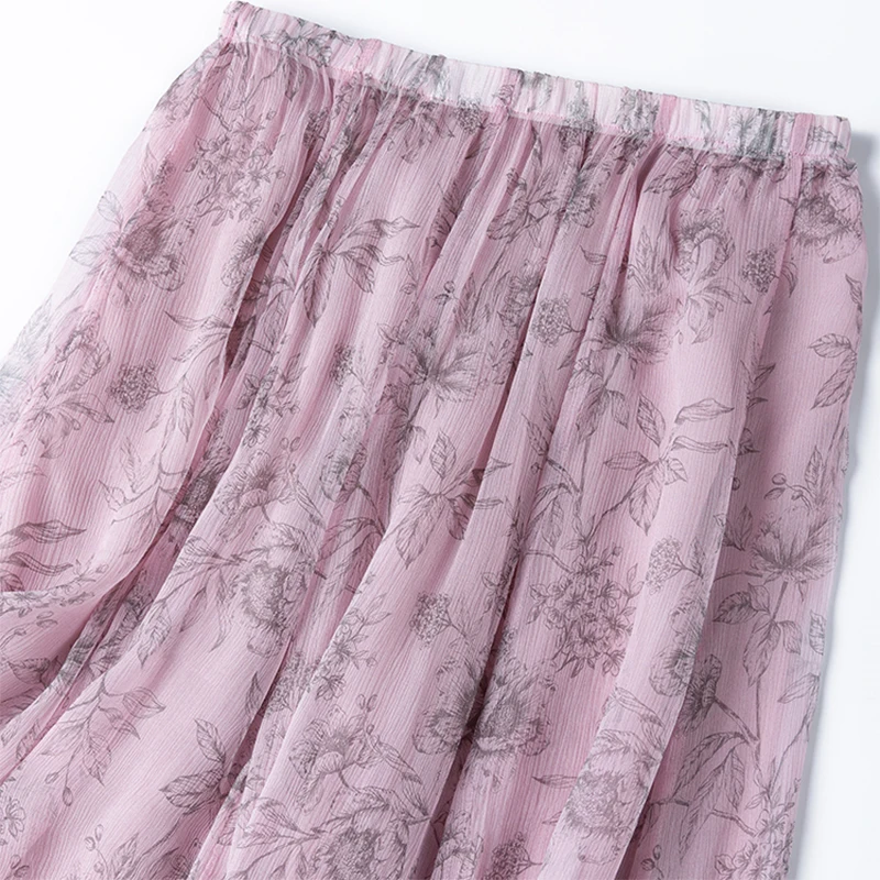 Women Silk Skirt 100% Mulberry Silk Pink Black Floral Printed Long Type Big Hemline Skirt With Lining Summer Beach M1372