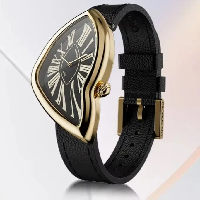 CRONUSART Women Quartz Watch 28mm*46mm Fashion Ladies Wristwatch Irregular Case Crystal Mirror Leather Strap