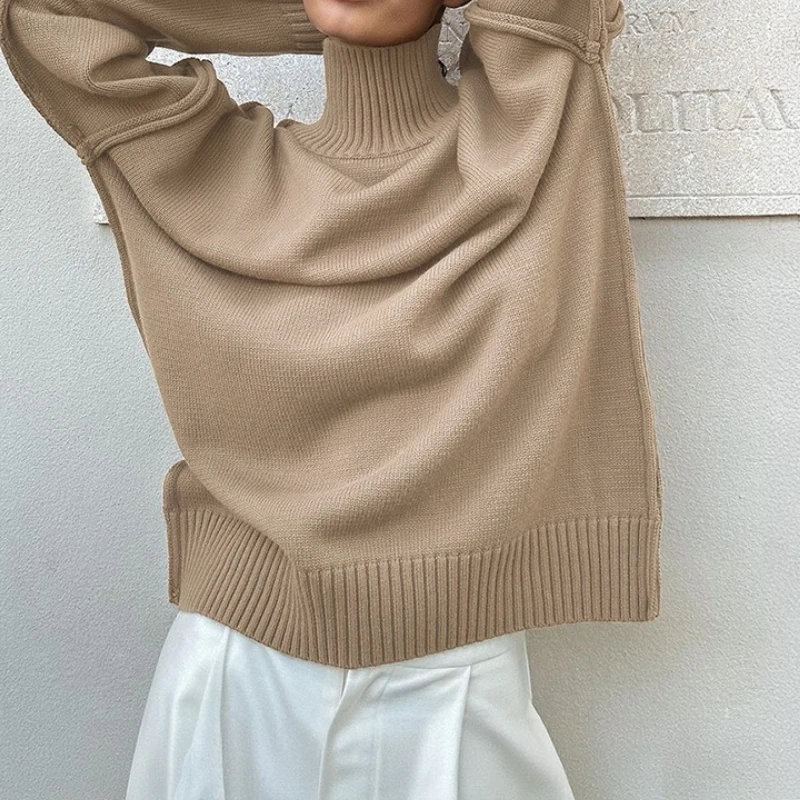 

Splicing Turtle Neck Women's Autumn and Winter Casual Loose Lazy Thick Sweater Knitted Pullover