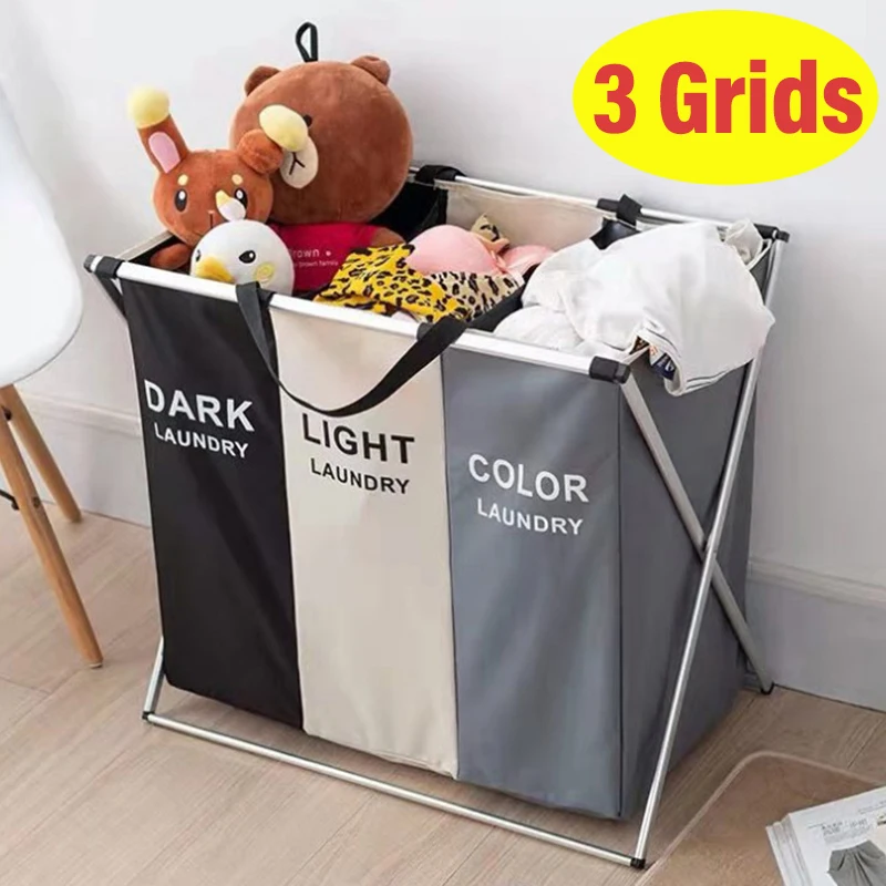 3 Grids Foldable Laundry Basket Large Capacity Toys Clothes Organizer Aluminum Bracket Waterproof Bathroom Laundry Basket Hamper