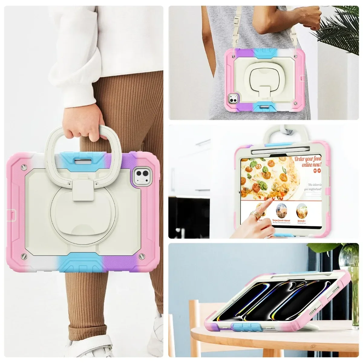 360 Rotation Kids Stand Case for IPad Pro Air 13 11 12.9 10.2 9.7 10 9 8 7 6 5 Th Mini 6 5 4 Cover Shockproof +Shoulder Strap