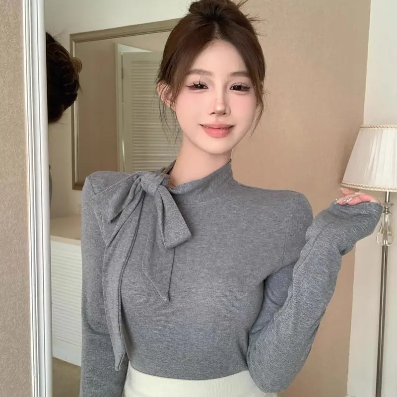 

Korejpaa Grey Semi High Neck Strap T-shirt Base Shirt Women Autumn Winter Inner Long Sleeved Top Casual Wild Gentle Pull Clothes