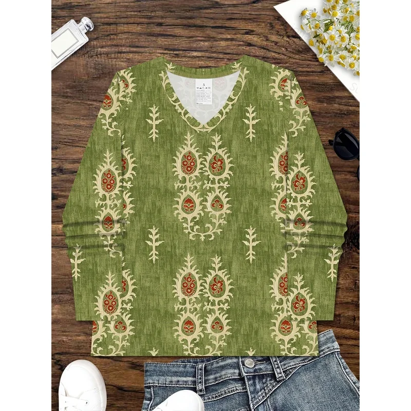 Elegant Fashionable Vintage Ethnic Abstract Paisley Plant Vine Flower Botanical Print All Over Long Sleeve V Neck T Shirt Breath