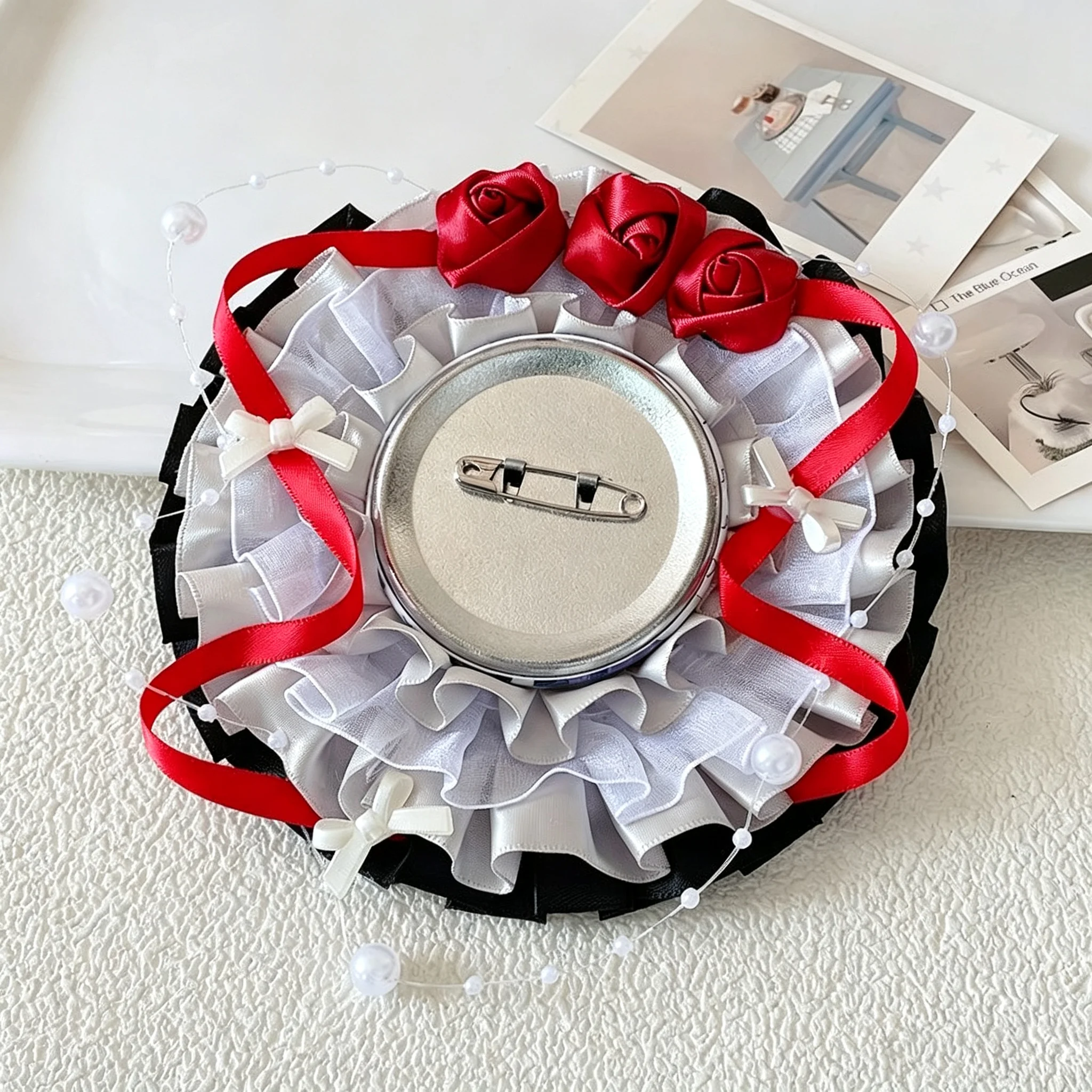 Stylish and Attractive Round Badge Holder, Rose Flower Ribbon Beaded Handmade DIY Anime Cartoon Game Character Peripheral Badge, Celebrity Idol Support Badge, Badge Display Stand, Storage Decoration, Badge Holder, Back-To-School Season, Graduation Season, Halloween, Easter, Holiday Gifts, Lolita Creative Small Items, Gumi Goods, Itabag, Itaboard, Materials, Accessories, Badge Holder