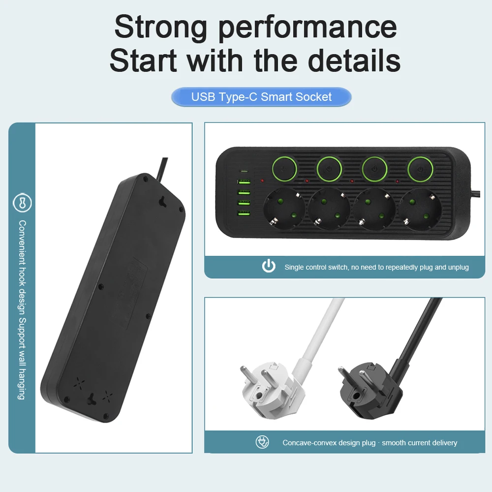 Eu Stekker Meerdere Stopcontacten AC Stopcontacten Power Strip Verlengkabel Met Usb Poorten Overspanningsbeveiliging Netwerkfilter Individuele