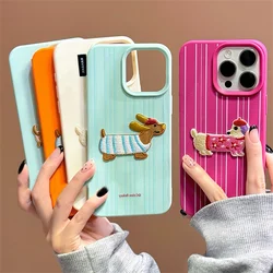 Korean Cute Cartoon Embroidered Sausage dog Leather Pattern Case For iPhone 15 Pro Max 14 Pro 13 12 11 Shockproof Back Cover