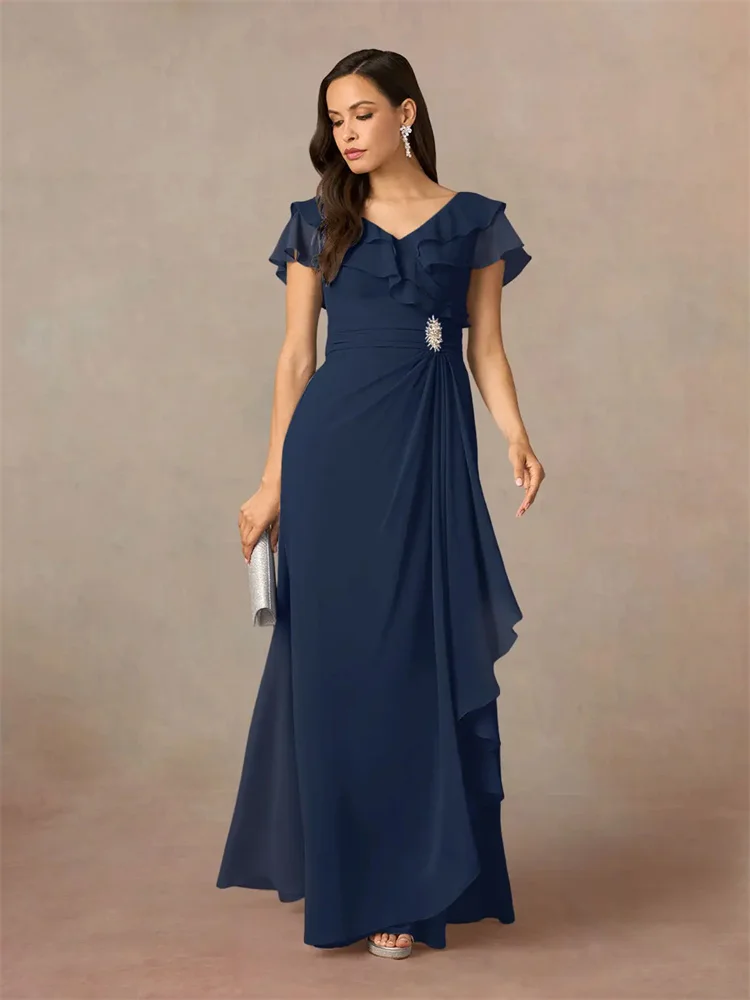 

New Product V Neckline Ruched Short Sleeves Chiffon A-Line Mother Of The Bride Dress Back Zipper Floor Length Gown For Women