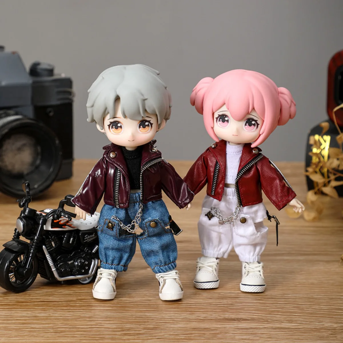 Ob11 Doll Clothes 1/12 BJD Motorcycle Leather Jacket Cool Zipper Biker Coat Doll Outfit for 12 Points Doll Accessories