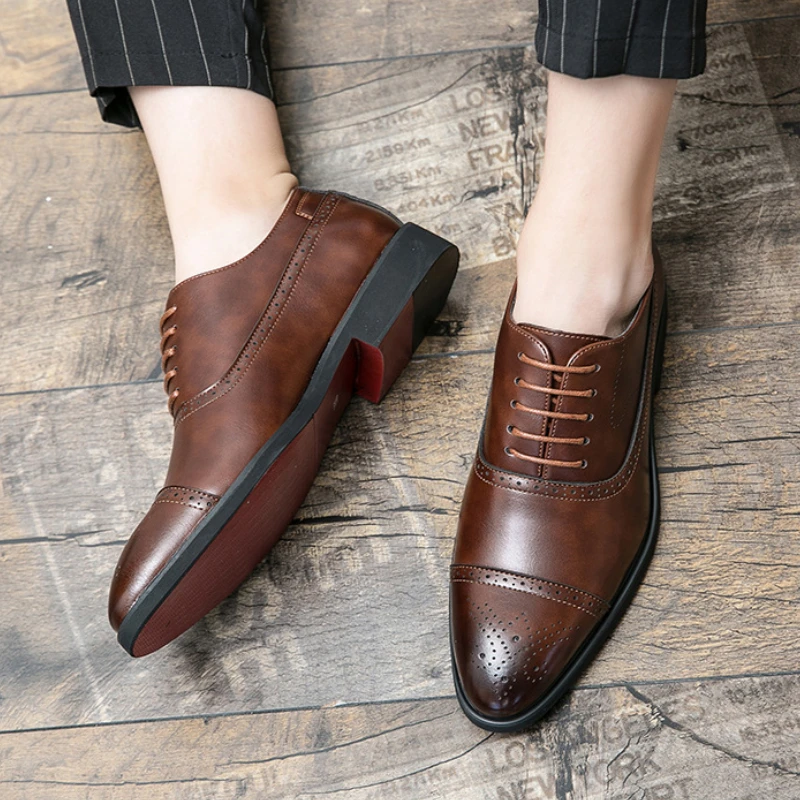 Men's Dress Shoes Red Sole Leather Shoes Pointed Party Shoe Lace-up Office Oxfords Casual Wedding Shoe Retro Business Men Shoes - Image 4