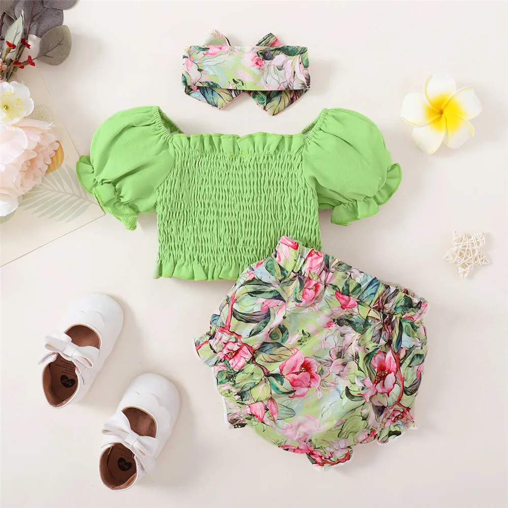 3pcs Clothing Set 6-24 Months Baby Girl Summer Suit Puff Sleeve Top with Bow+Flowers Shorts Toddler Girl Pastoral Style Clothes