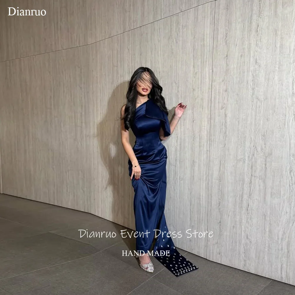 

Dianruo Navy Blue One Shoulder Evening Dresses Mermaid Crystal Elegant فساتين سهرة Pleat Sleeveless Vestidos De Novia Customized