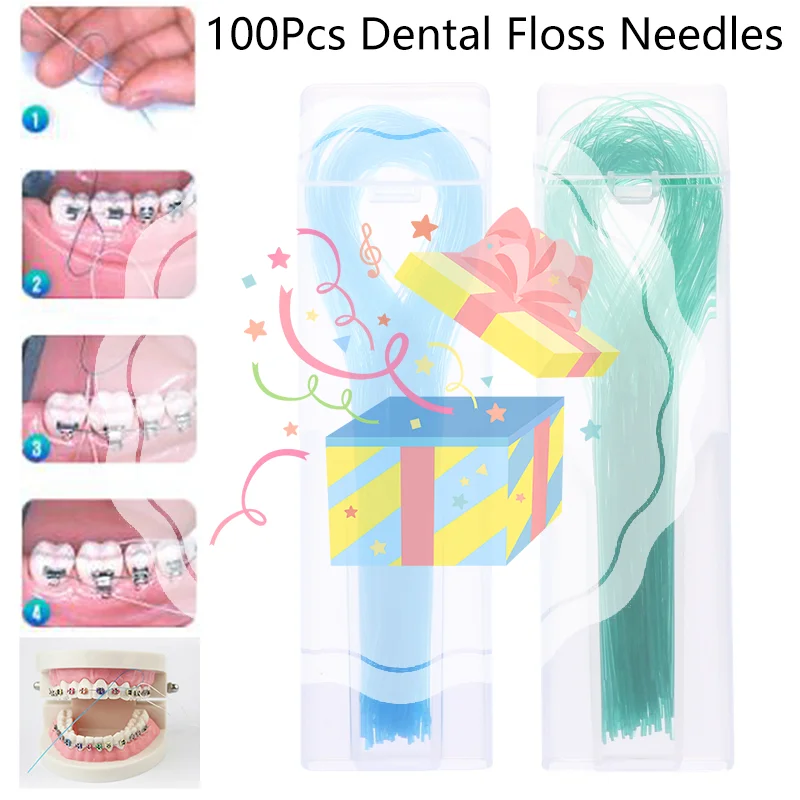 100Pcs Dental Floss Threader Dental Traction Line Oral For Crown Brace Bridge Implant Hoop Threading Braces Steel Traction