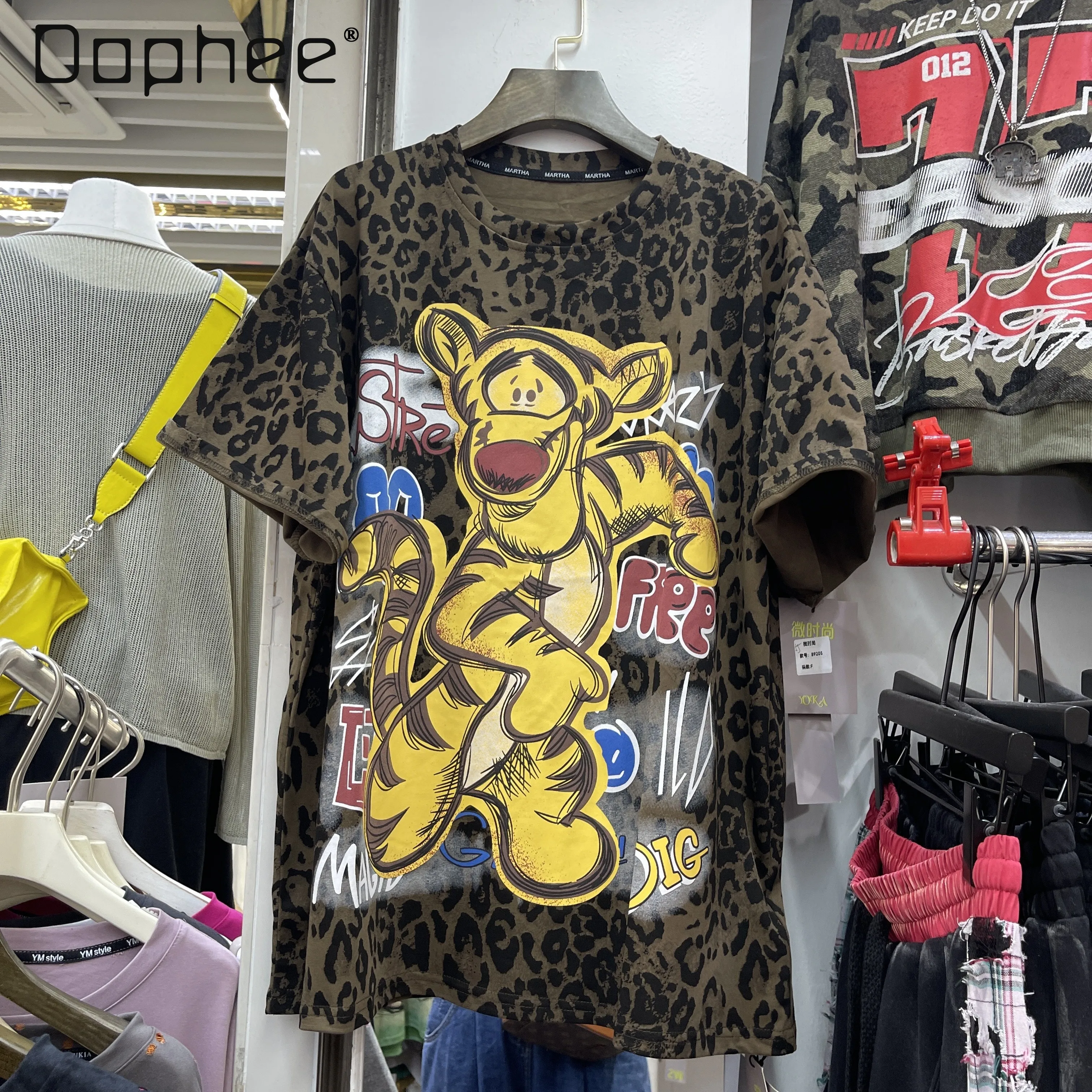 

Camouflage Short Sleeve T-Shirt Fashion American Retro Casual Cartoon Leopard Print Loose Mid-Length Trend Round Neck Cotton Top