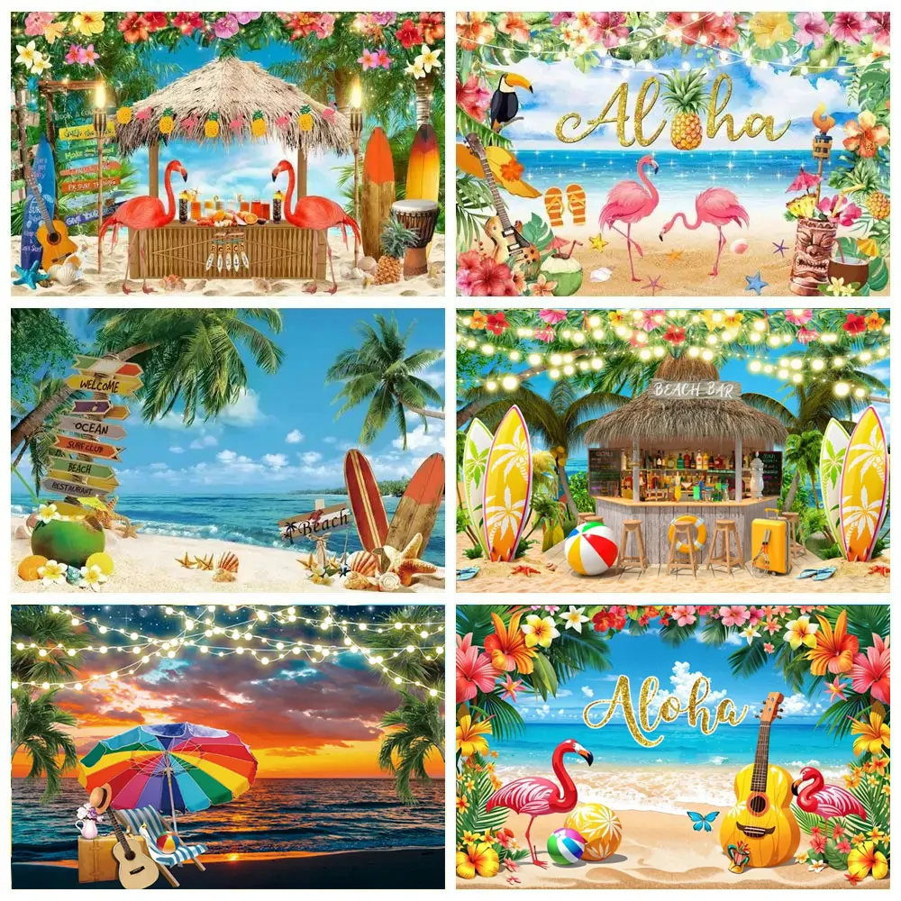 

Hawaii Tropical Flowers Summer Beach Custom Backdrop Aloha Luau Sea Surfboard Holiday Birthday Party Photography Decor Props