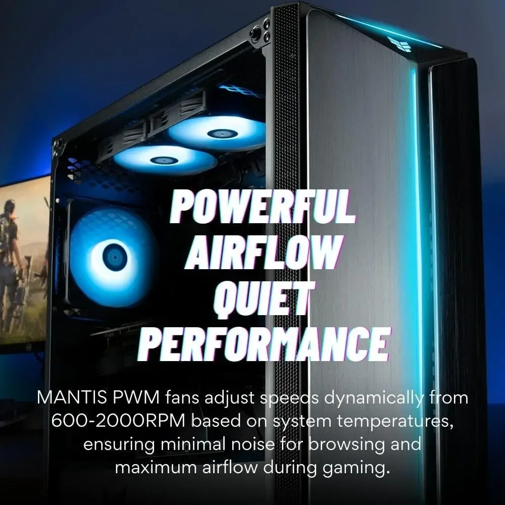 Игровой настольный ПК Mantis V2 с RTX 5090, 24-ядерным процессором Ultra 7 265KF, 32 ГБ оперативной памяти DDR5, SSD на 2 ТБ Gen4, 240-мм жидкостным охлаждением и Windows