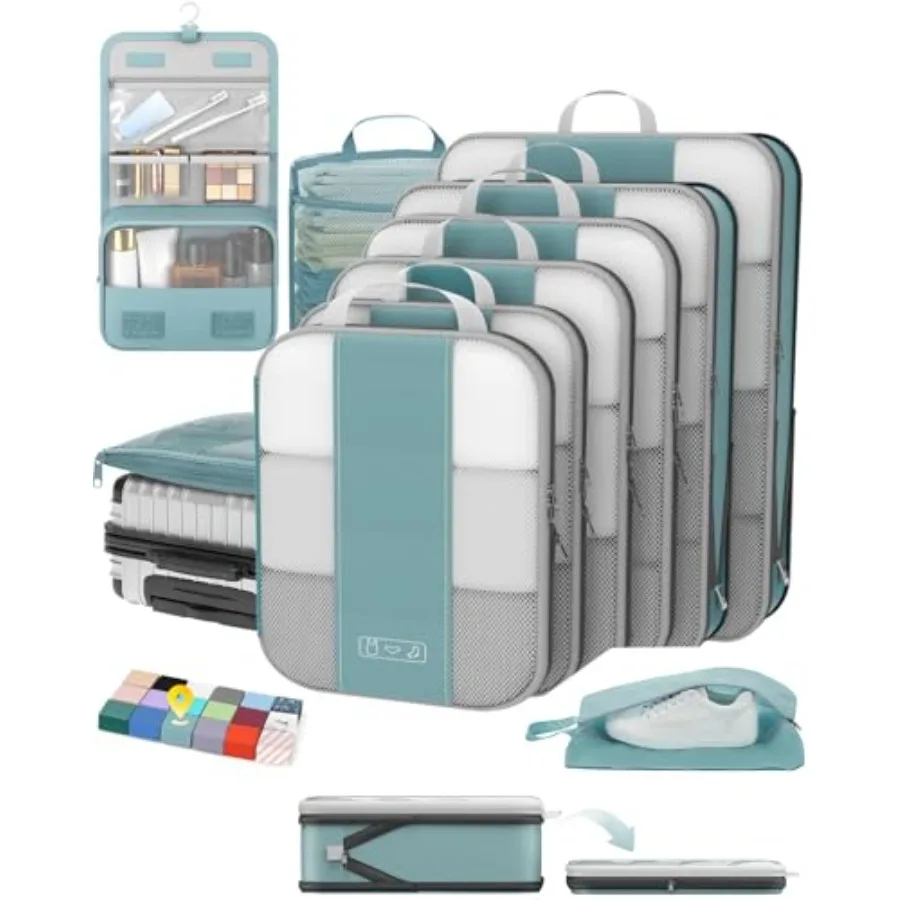 

10 Set Compression Packing Cubes for Travel Essentials Compressible Expandable Packing Cubes for Suitcase Luggage Organizer Bag