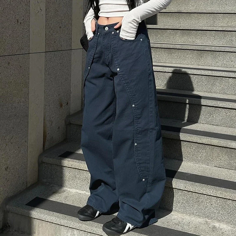 Korean Women Patchwork Baggy Jeans High Street Y2K Casual Grunge Cargo Pants Fashion Chic Rivet Detail Sweatpants 90s