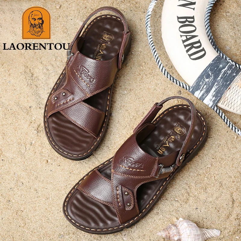 LAORENTOU leather male sandals casual beach shoes wear non-slip sandals and sliers cowhide