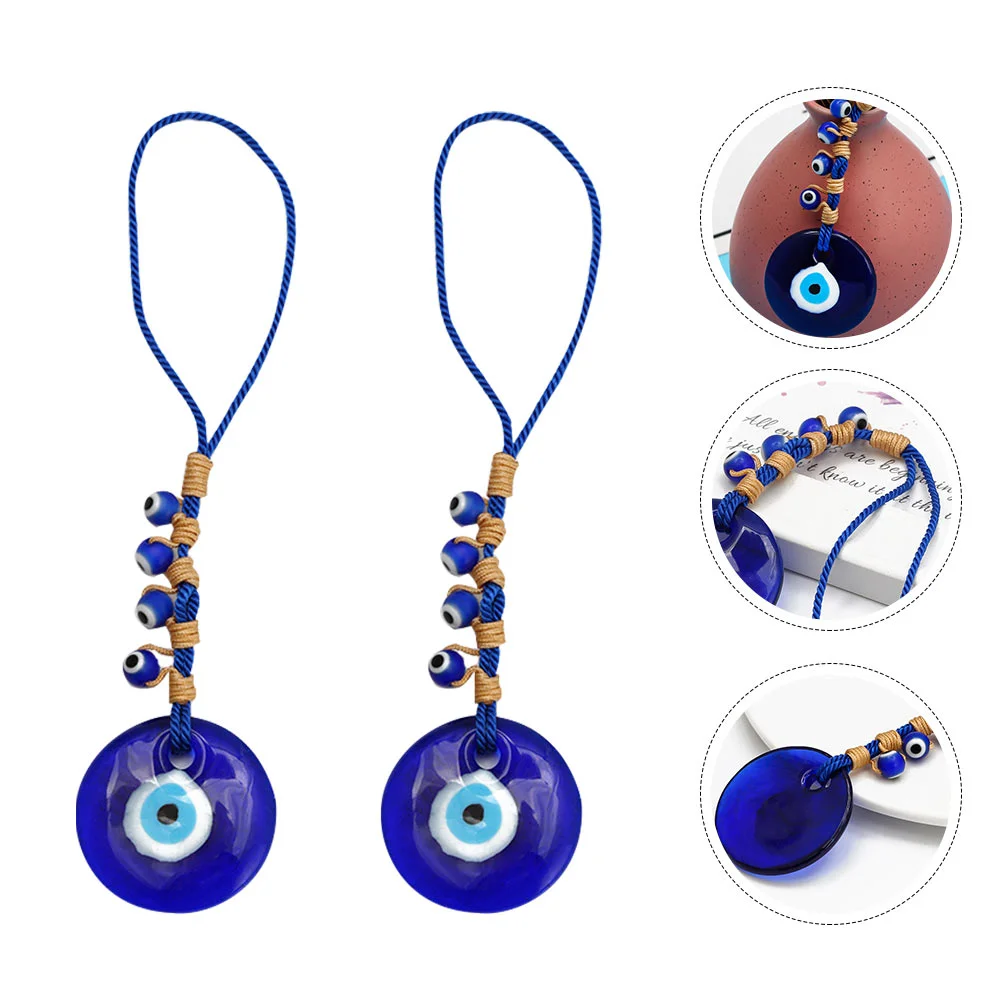 2 Pcs Devil's Eye Pendant Necklace Beads Blue Eyes Decor Key Chain Glass Hamsa Women's Hanging