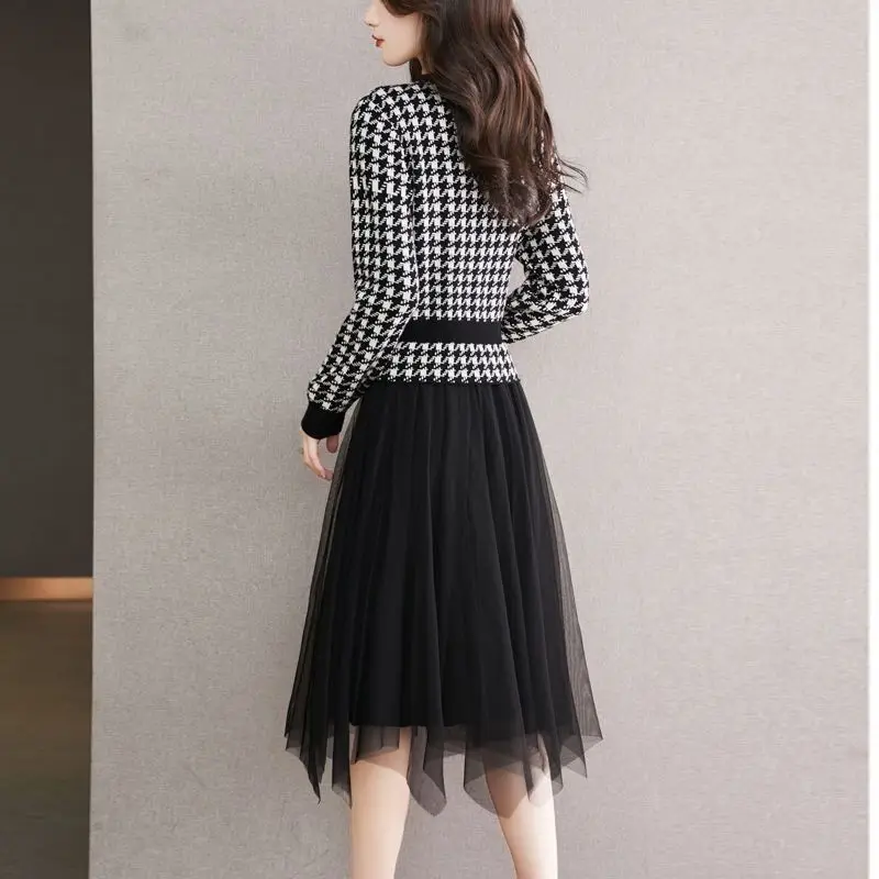 Fake Two Pieces Knitted Midi Dress Women's Clothing Stylish Houndstooth Spliced Gauze Spring Autumn O-Neck Button A-Line Dresses