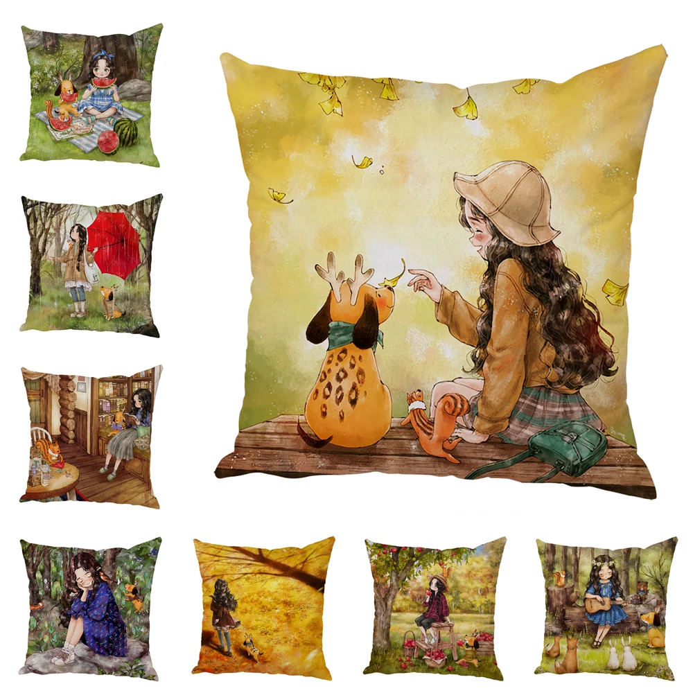 Cute Cartoon Girl Fairy Tale World Pillowcase Decor Lovely Child for Sofa Home Car Pillow Case Peach Skin Cushion Cover  45x45cm