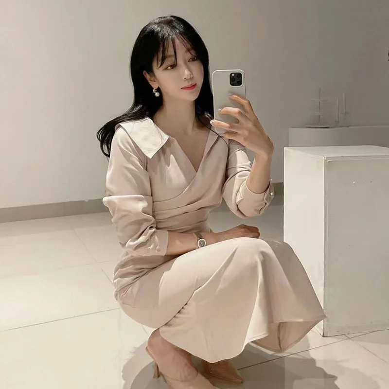 우아한 봄 신상 여성 드레스 퍼프 소매 벨트 슬림핏 V넥 롱 스커트 한국 스타일 하이웨이스트 셔츠 드레스