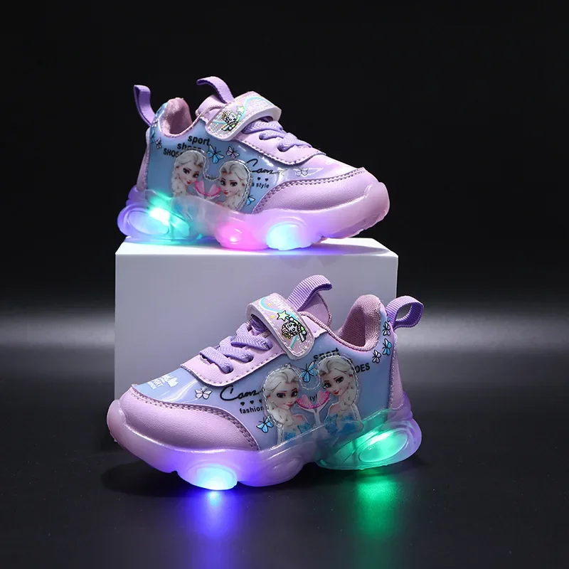 Disney LED Casual Sneakers per ragazze primaverili Frozen Elsa Princess Print scarpe in pelle Pu scarpe antiscivolo illuminate per bambini