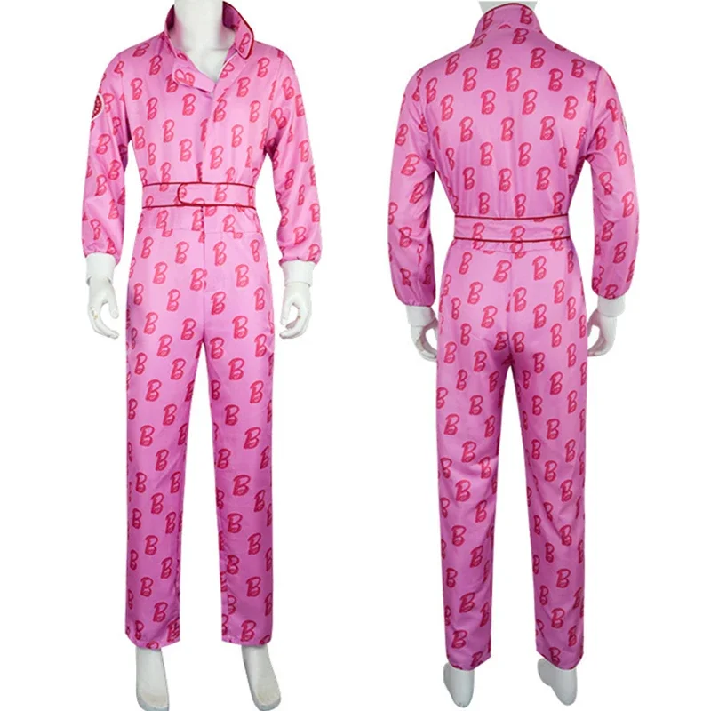 Movie Ken Ryan Gosling Cosplay Costume Adult Men Pink Letter Jumpsuit Halloween Carnival Bodysuit Outfit Party Zentai