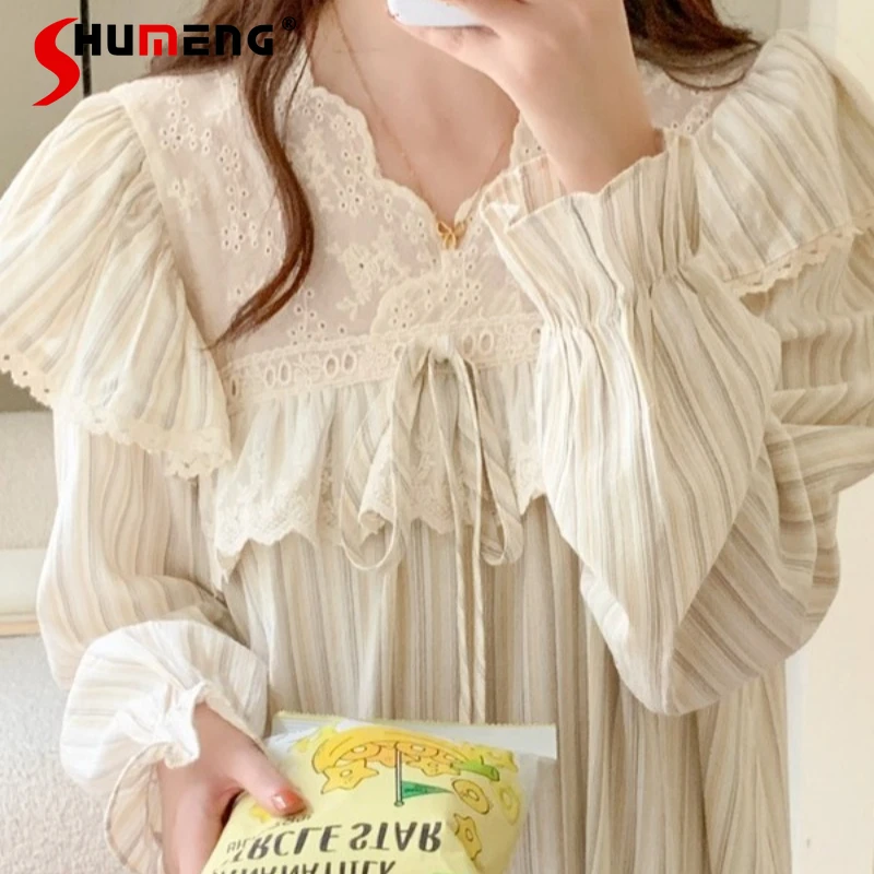 

Women's Autumn Striped Pajamas Sleepshirts Loose Sweet Princess Style Nightdress Female Japanese Sweet Homewear Nightgowns