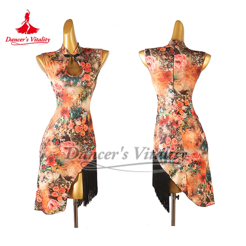 

Латинские танцы с цветочным узором без рукавов, стиль Cheongsam, профессиональные платья для взрослых, чача, самба, румба, тренировочная одежда на заказ