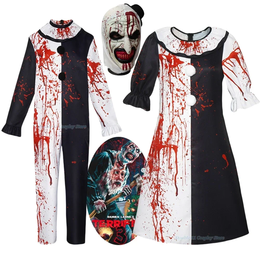 

Movie Terrifier Clown Cosplay Costume Adult Women Dress Men Bodysuit Bloodstain Jumpsuit Clothing Uniform Halloween Clothes