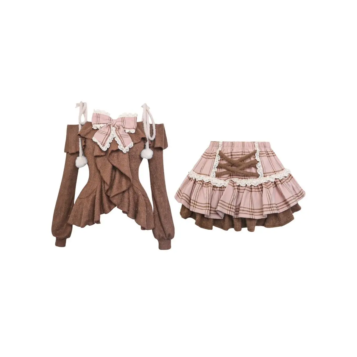 Kawaii Bow Top Womens Dresse Sexy Autumn Winter Brown 2 Piece Set 2000s Hot Girl Sweet Clothing Party T-shirts Y2k Aesthetic emo