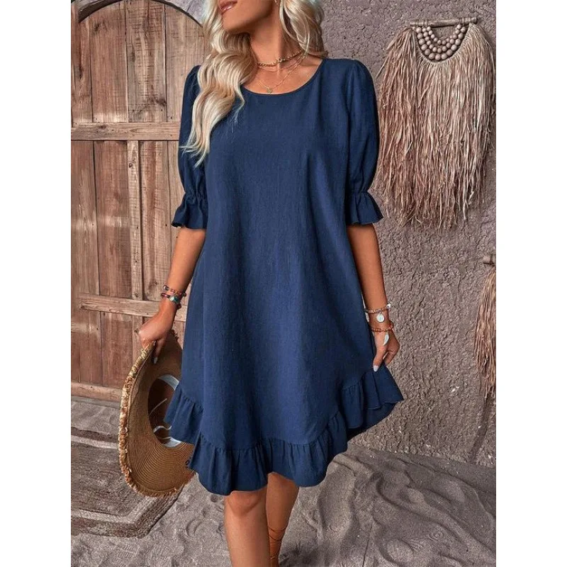 

Best Seller in Europe and America New Women's Retro Cotton Linen Half Sleeve Solid Color Loose round Neck Dress