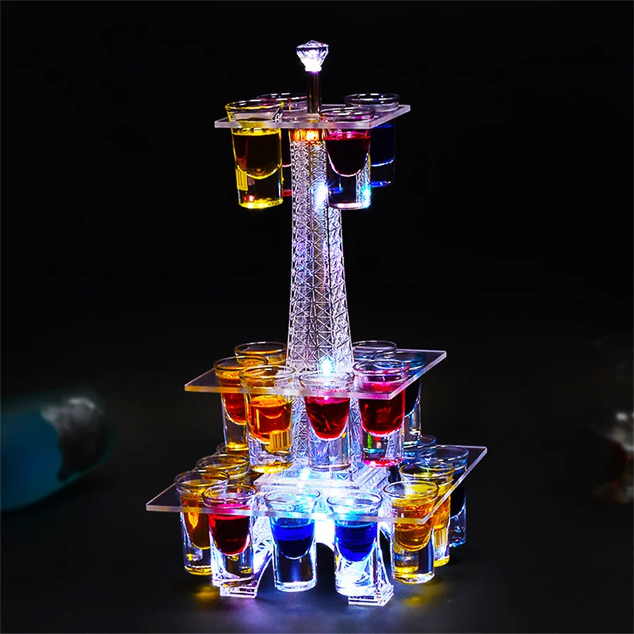 

12/24 Holes LED Acrylic Eiffel Tower Wine Rack Bullet Cup Holder Rechargeable Service Tray Glass Display Stand led light