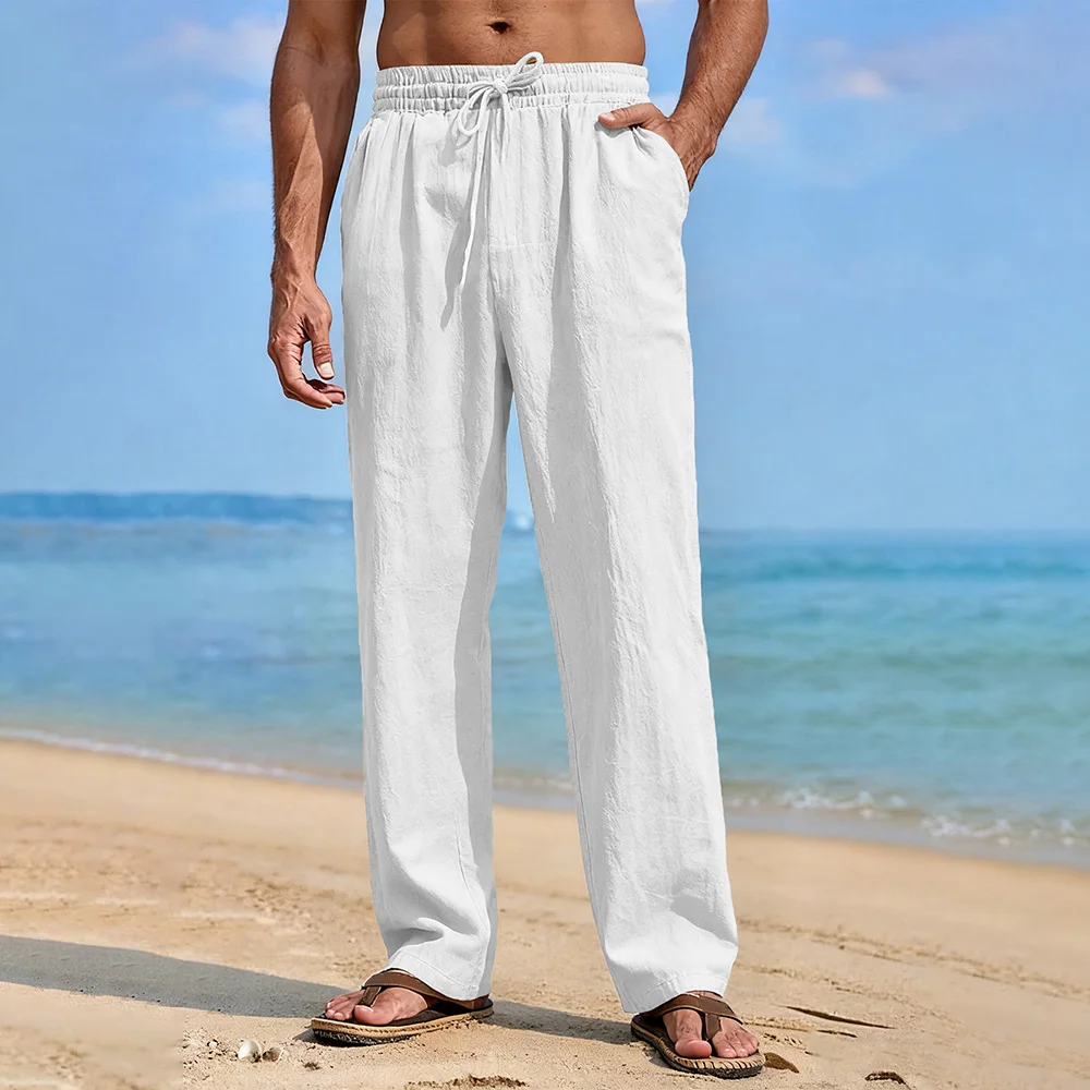 

Men's Straight Leg Pants Cotton Linen Breathable Lightweight Solid Color Cozy Long Trousers Hawaiian Vacation Style Pants