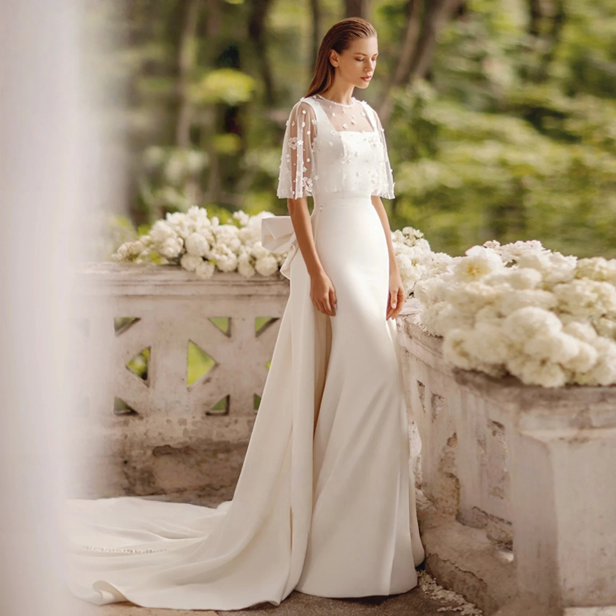 Rückenfreie Brautkleider Meerjungfrau Square Neck Bow Beach Boho Brautkleid Saudi Arabisch Dubai Islamisch Vestido De Noiva Maßgeschneidert