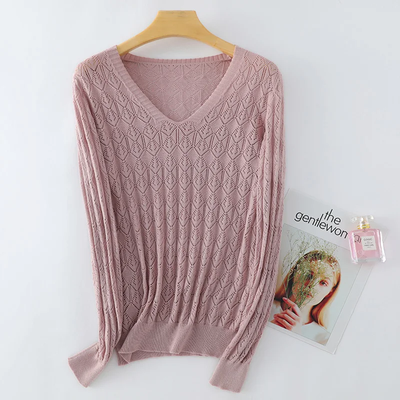 ZOCEPT Spring Summer Hollow Out Long Sleeve T-Shirts Women Thin Fashion Solid V-Neck Knitted Cotton Pullover Tops Through Look