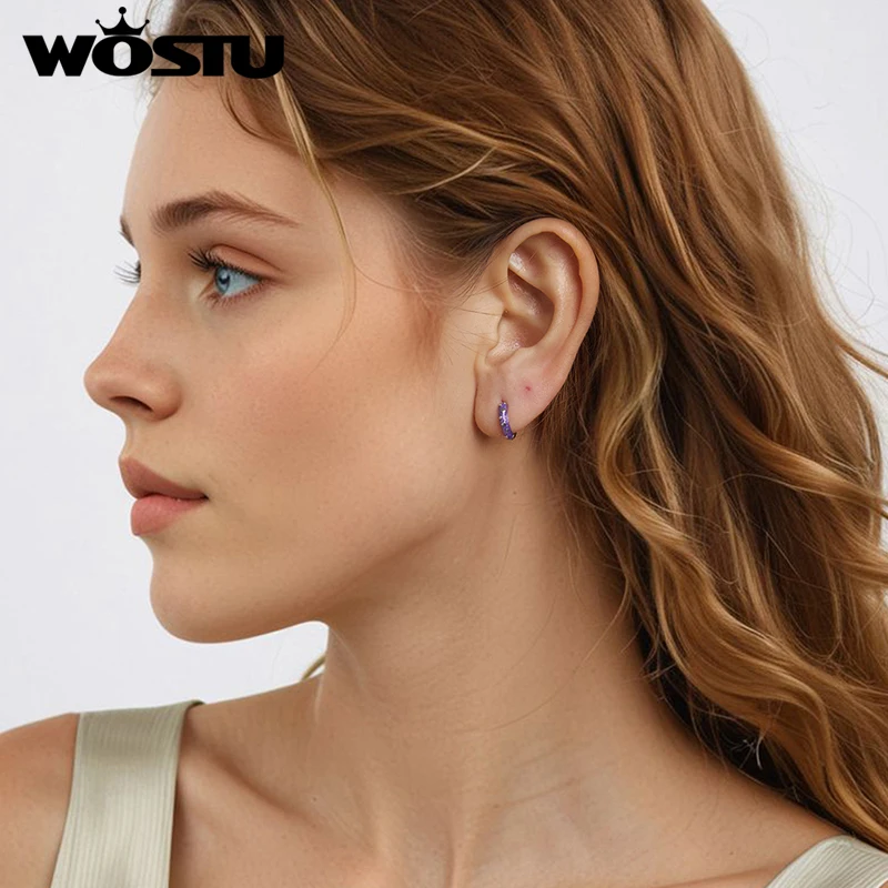 WOSTU 925 Sterling Silver Purple Heart Hoop Earrings Women exquisite Jewelry Enamel process Party Earrings Girl Daughter Gift