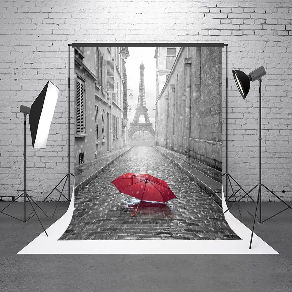 Photography Backdrop Raining Black And White Eiffel Tower Red Umbrella For Photo Studio Decoration Banner Poster Background