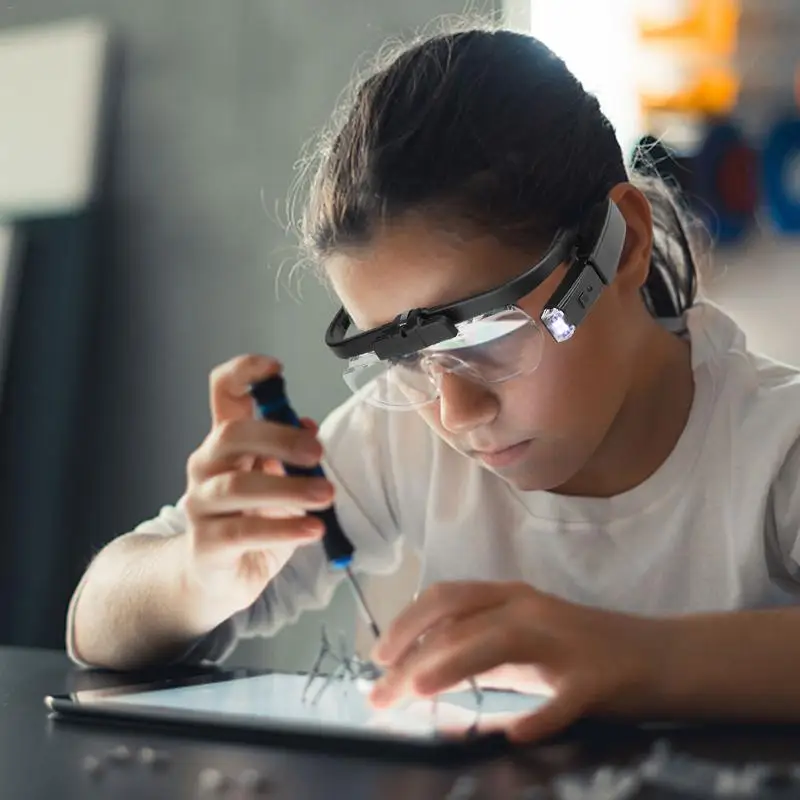 Student Night Reading Aids 1.5X 2.0X 2.5X 3.5X 4.0X 4.5X Glasses Loupe LED Light Headband Magnifier With Lamp, Removable Lens