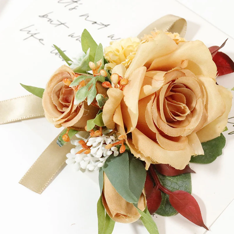 สีส้มกาแฟสีแต่งงาน Boutonniere Corsages Handmade ประดิษฐ์เจ้าสาวเจ้าบ่าวงานแต่งงานอุปกรณ์เสริมดอกไม้ Pins