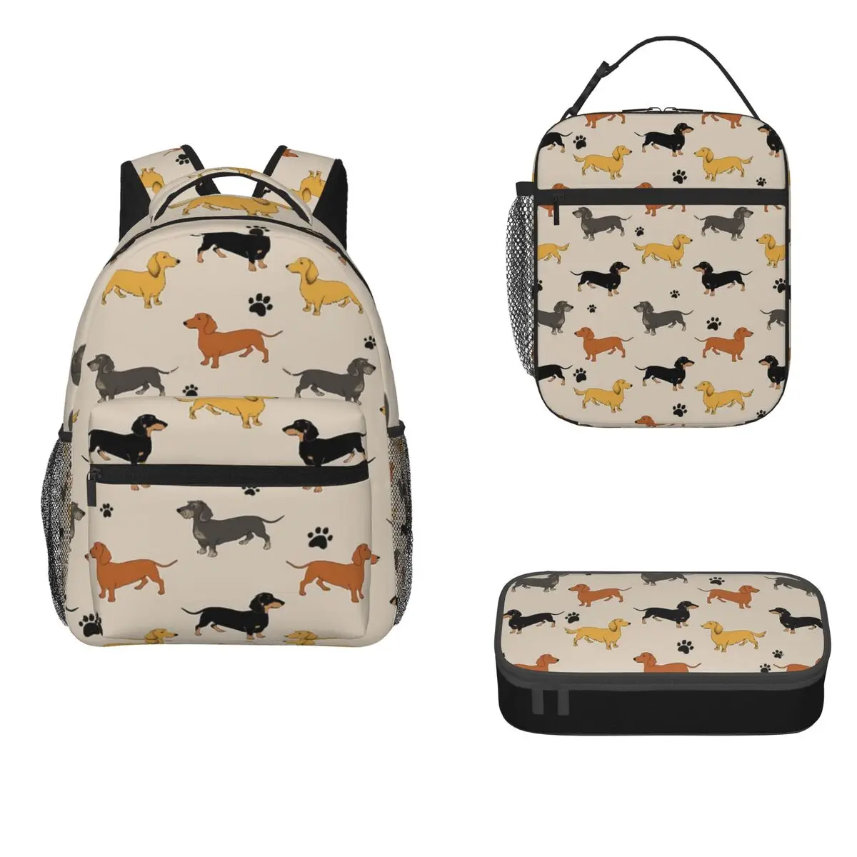 Weenie Weenies (Dachshund Sausage Dog) Backpacks Boys Girls Bookbag Cartoon Kids Rucksack Lunch Bags Pen Bag Three-Piece Set