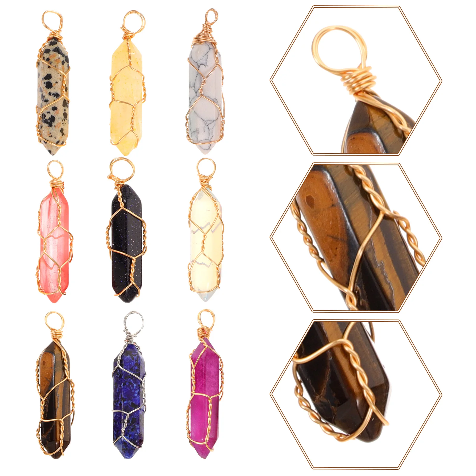 12Pieces Copper Natural Stone Necklace Pendant Hexagon Craft Ornament Charm Decor For Jewelry Making Bracelet Accessories