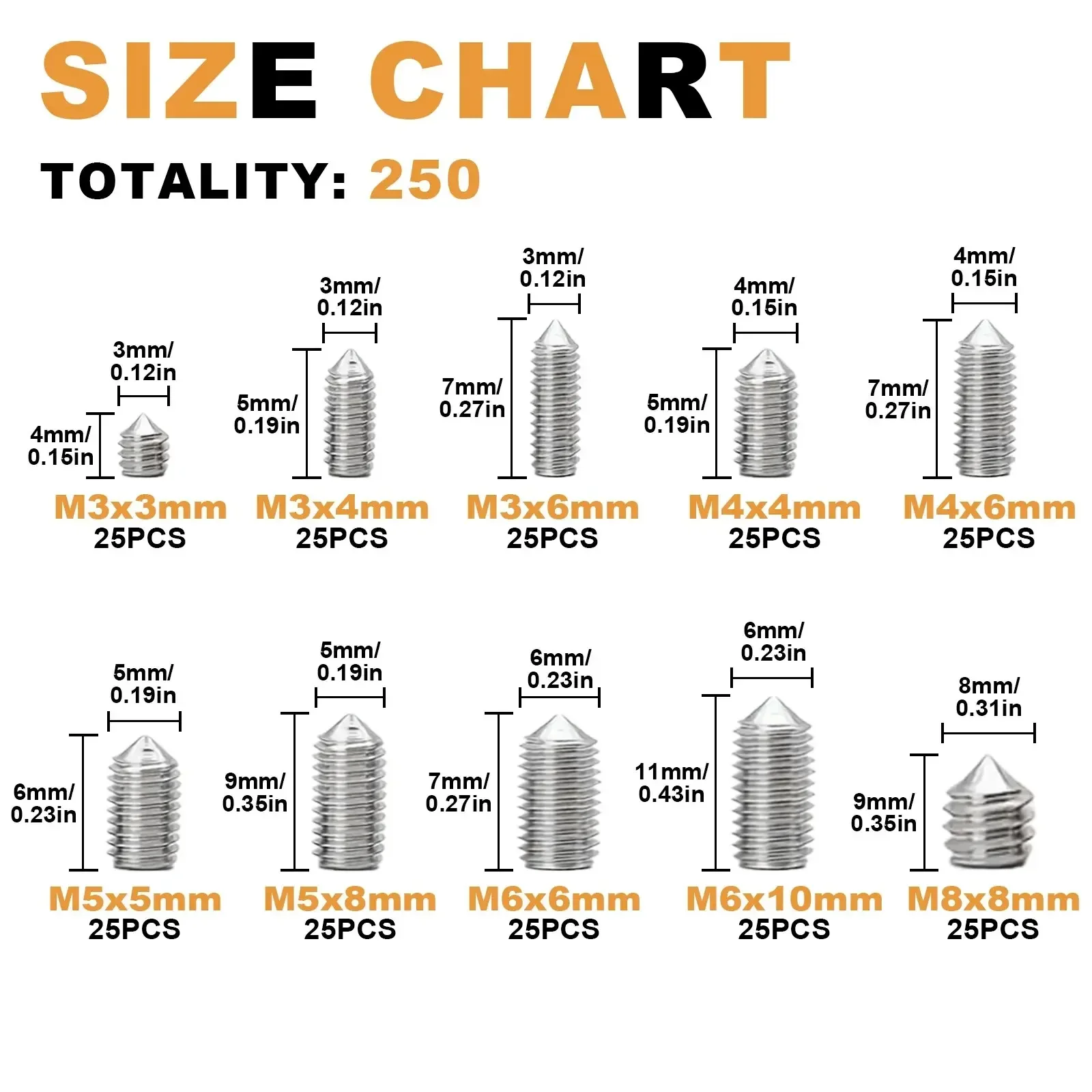 250 Sixth Screws, Stainless Steel M3-M8 Sharp Fixing Screws, Hex Nuts, for Home Repairs, DIY Projects